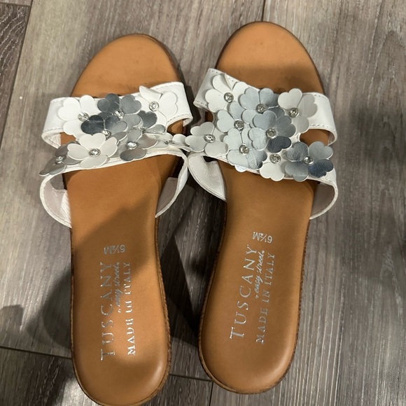 Shoes - Women's White and Silver Floral Sandals